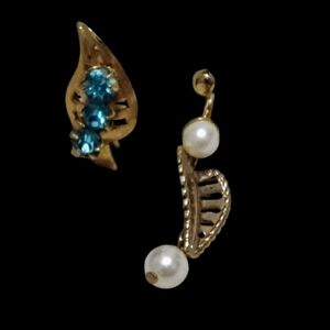 Gold Leaf Drop Earrings with Blue Crystal and Pearl Accents
